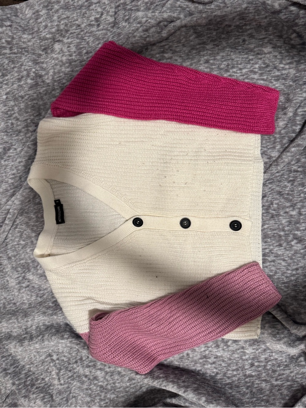 Women's Cream Button Front Sweater Cardigan with Pink Accent Sleeves